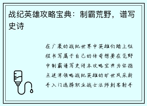 战纪英雄攻略宝典：制霸荒野，谱写史诗